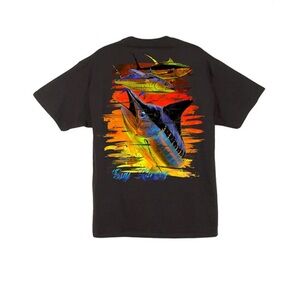 Guy Harvey Black short sleeve 100% cotton chainsaw T-Shirt Colorful Fish pocket